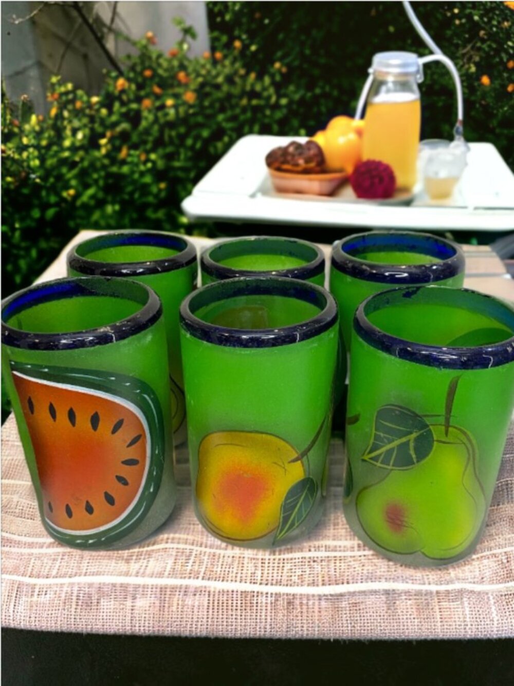 Margarita Glasses - Green with Blue Rim and Fruit Motif, Set of Six